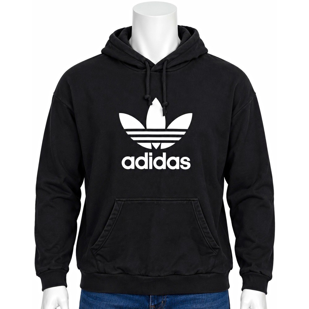 ADIDAS Original Men's XL Black Pullover Hoodie Trefoil Logo Fleece Jacket